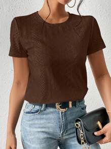 SHEIN Frenchy Màu thuần Xu hướng: Cắt giảm Thêu Áo thun - Cà phê nâu - Xem 6