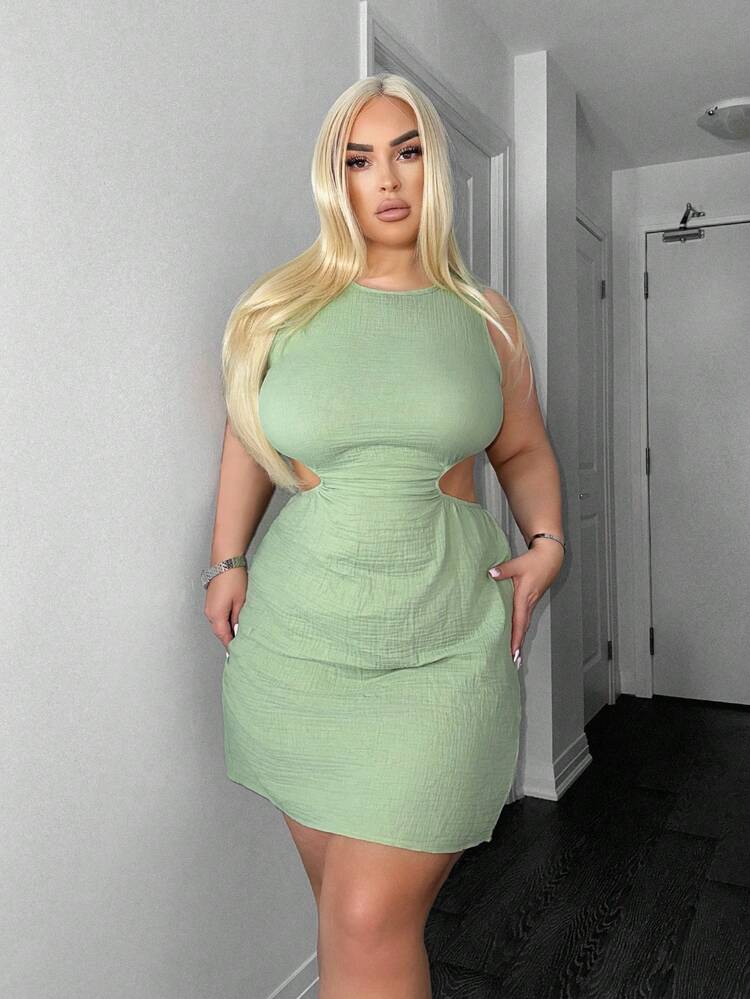 Plus Size Solid Color Hollow Out Waist Cotton Dress