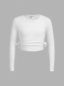 SHEIN Áo thun dệt kim ngắn tay có gân màu trơn dành cho nữ sinh Tween (3 gói) có đường viền cổ tròn - Màu xanh Cadet - Xem 5