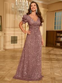 UNITHORSE UNITHORSE V-Neck Sparkly Puff Sleeve Party Dress Wedding Guest Dress Formal Dress Evening Dress, Bride Dress, Birthday Women Outfits, Graduation Dress,Gown