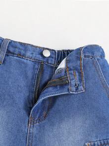 SHEIN 男童常規版型中腰拼色牛仔短褲(無鬆緊腰帶) - 藍色 - 查看 3