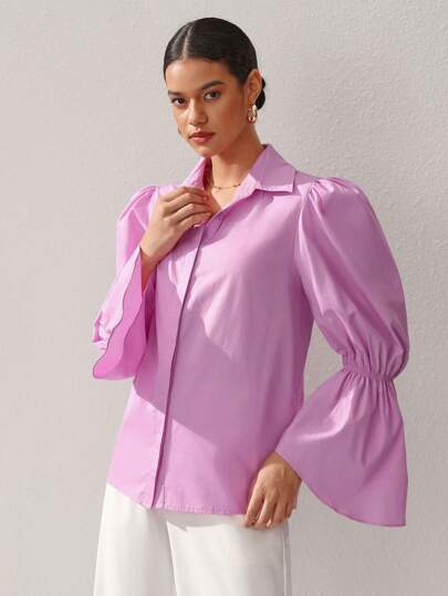 Oxana Designer Women Business Casual Flare Sleeve Solid Color Shirt, Fall, For Autumn & Winter, Holiday, Vacation, Spring, Festival, Office