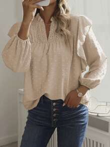 Breezaya Lace Trimmed Notched Neckline Jacquard Blouse,Long Sleeve Tops Fall Cloth For Women - Khaki - View 1