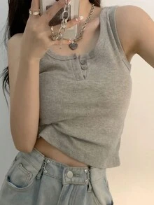 设计灵感独特露脐背心，夏季叠穿无袖韩版休闲吊带衫 - 灰色 - 查看 6