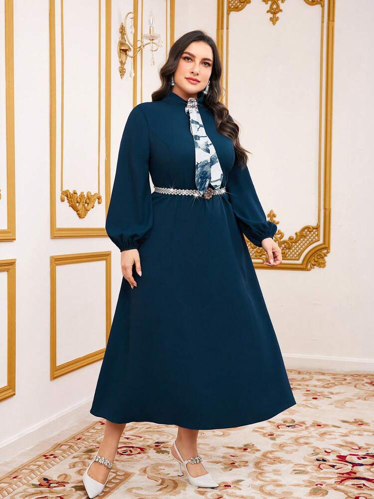 Plus Size Women'S False Tie Lantern Sleeve Arabian Dress