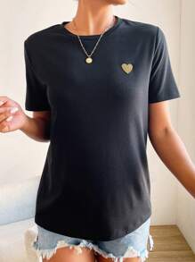 SHEIN Frenchy 女款愛心印花短袖t恤 - 黑色 - 查看 5
