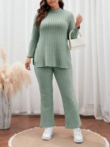 SHEIN Frenchy 加大尺碼女士側分鉸緞長袖t恤和褲套裝 - 薄荷綠 - 查看 3