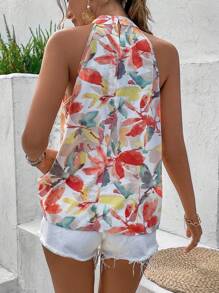 Breezaya Sleeveless Collar Neckline Plant Print Pleated Halter Blouse - Multicolor - View 5