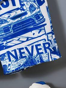 SHEIN 2pcs/Set Young Boys' Casual And Cute Sports Cartoon Car Checkered Comic Color Block Round Neck Short-Sleeved Loose Drop-Shoulder T-Shirt And Cartoon Car Checkered Comic Color Block Sports Shorts Or Pants Suitable For School, , Party, Daily Wear, Spring And Summer Season - Multicolor - View 7