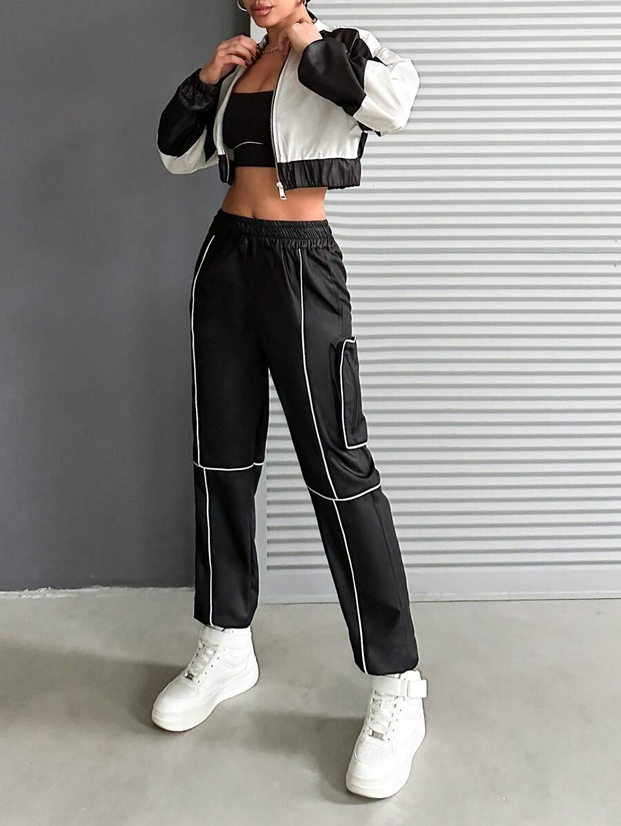 EURMUSE Contrast Zipper Baseball Collar Top And Contrast Edge Sports Pants 2pcs/Set - Black and White - View 1