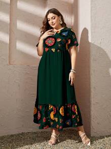 Al Najma Plus Size Random Printed Short Sleeve Dress Maxi Women Outfit - Dark Green - View 1