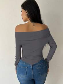 SHEIN Essnce Women's Solid Color Asymmetric Hem Off Shoulder Top - Grey - View 2