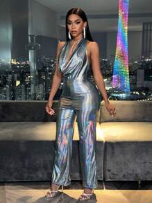 VaVaBold Silver Jumpsuit With Slatted Neck Metallic Laser Back Hollowed Out Neck - Silver - View 1