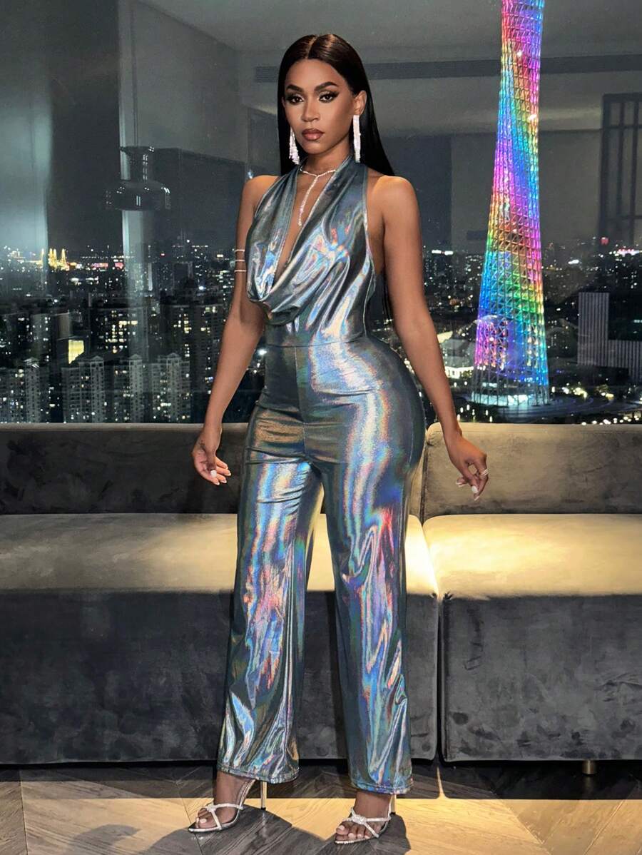 VaVaBold Silver Jumpsuit With Slatted Neck Metallic Laser Back Hollowed Out Neck - Silver - View 1