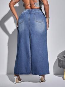 Plus Size Washed Denim A-Line Skirt, Vacation Style, No Stretch, All-Match