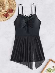 SHEIN Swim Women'S One-Piece Swimsuit With Mesh Knot Detailing On The Chest Music Festival - Black - View 6