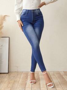 SHEIN LUNE 拉鏈門襟緊身牛仔褲 - 藍色 - 查看 6