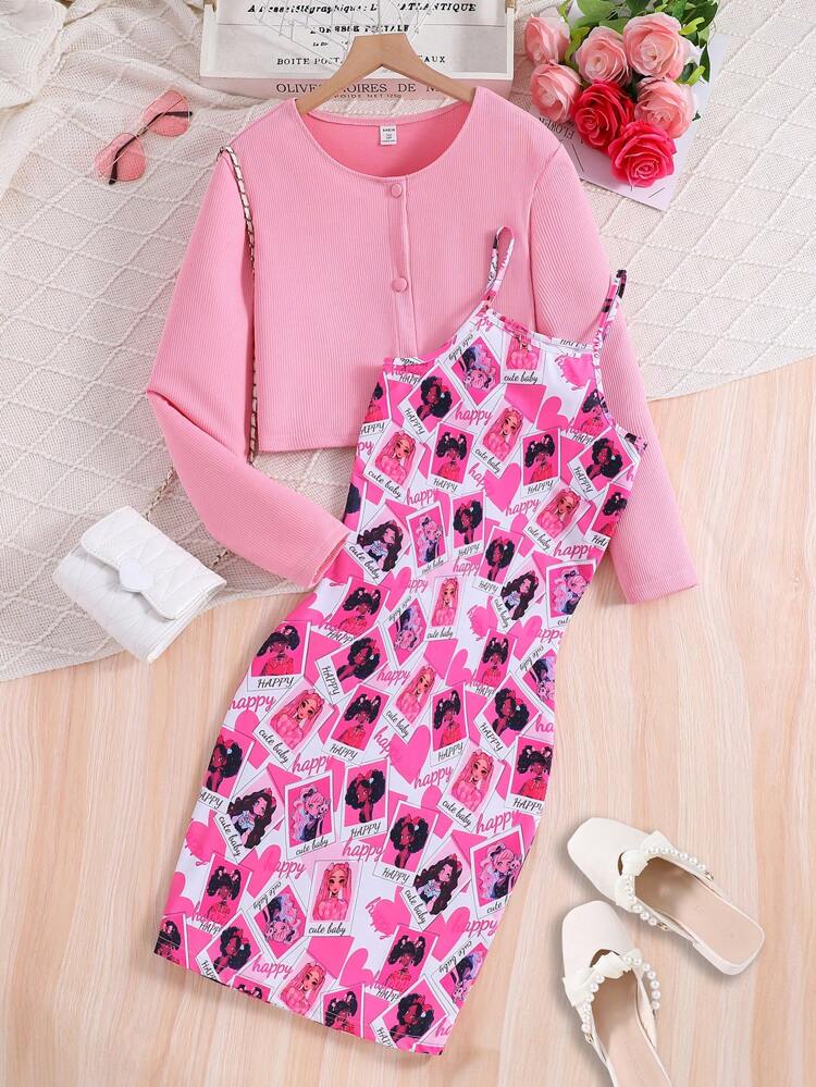 Teen Girls' Button-Front Long Sleeve Top And Letter Printed Cami Dress 2pcs/Set