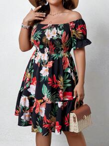 SHEIN Clasi Women's Plus Size Floral Printed Off-Shoulder Cable Knit Sweater Dress Vacation Beach Outfit - Black - View 3