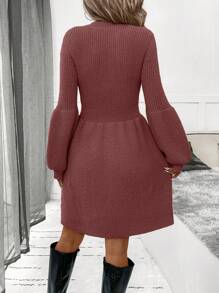 SHEIN Clasi 女士圆领针织灯笼袖毛衣连衣裙 - 鏽棕色 - 查看 2