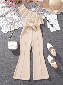 Sparklyn 少女荷葉邊裝飾有腰帶的連身衣 - 杏色 - 查看 1