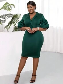 Plus Lapel Neck Puff Sleeve Bodycon Dress - Dark Green - View 7