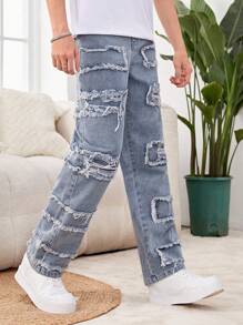 青少年男孩時尚個性化街頭風格拼接破洞牛仔褲 - 淺色水洗藍 - 查看 3