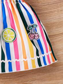 SHEIN 嬰兒女孩條紋西瓜刺繡荷葉邊短袖裙 - 彩色 - 查看 6