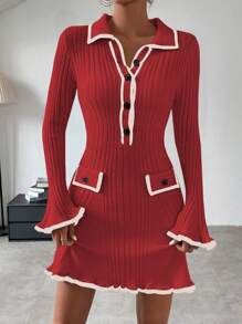 Chiquease 女士彩色拼接邊波浪袖毛衣連衣裙 - 紅色 - 查看 6