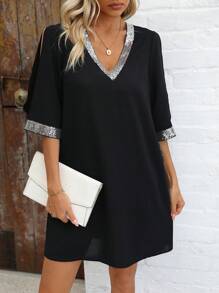 SHEIN LUNE Kim sa Vá lại Cổ chữ V Đầm - màu đen - Xem 3