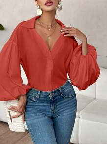 SHEIN Privé Women's Elegant Resort & Office Stylish Lantern Sleeve Button V-Neck Polka Dot Print White Shirt Old Money Quiet Luxury Fall Clothes Work Women Blouses Fall Blouses - Red - View 3