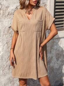 SHEIN LUNE Solid Color Sleeveless Dress With Notched Collar And Twin Pockets - Khaki - View 5