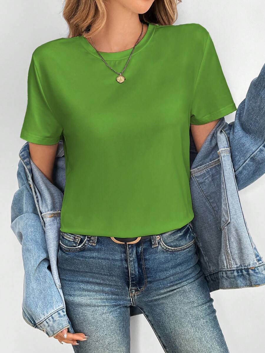 SHEIN EZwear Của phụ nữ Vòng cổ Ngắn tay Áo thun - màu xanh lá - Xem 1