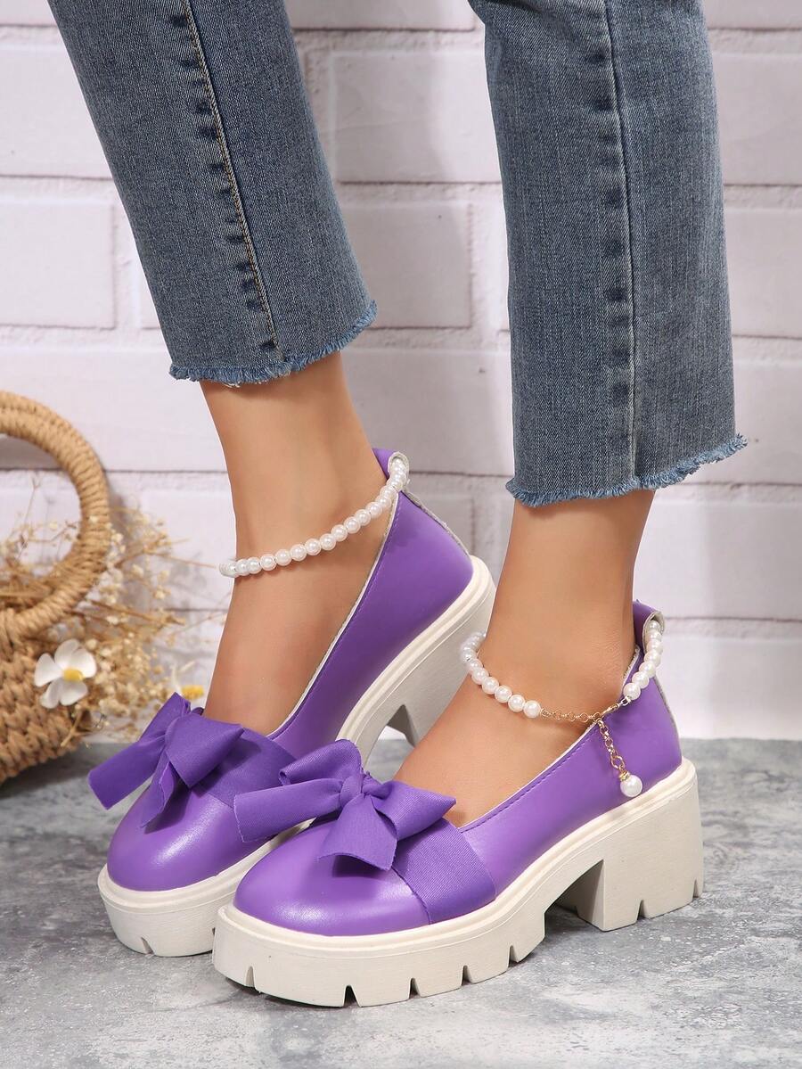 女士时尚百搭厚底坡跟凉鞋，休闲户外装，大码，适合搭配连衣裙，青少年风格，夏季海滩/度假，一脚蹬，防滑，舒适，纯色 PU 凉鞋 - 紫色 - 查看 1