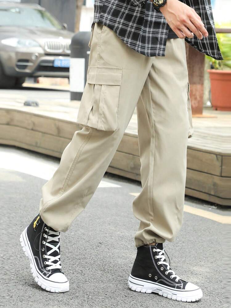 Manfinity Hypemode Pantalones Cargo Sueltos Para Hombres Con Bolsillos Y Puños Elasticados - Caqui - Añade 3