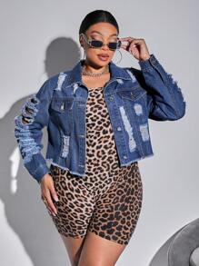 SHEIN SXY Plus Size Denim Jacket With Frayed Edges And Distressed Details - Blue - View 2