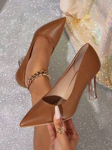 新款荔枝紋柔軟皮革高跟鞋,適合春秋季節 - 棕色 - 查看 1
