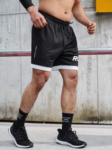 Gym Rark 男士抽绳腰带运动短裤，撞色字母图案慢跑短裤，黑色运动短裤 - 黑色 - 查看 1