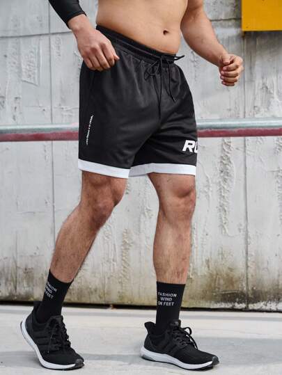 Manfinity Fitness 男士抽绳腰带运动短裤，撞色字母图案慢跑短裤，黑色运动短裤