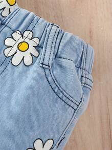 Baby Girl Holiday Style Cute Floral Printed Top And Loose Comfortable Elastic Waist Jeans Set - Multicolor - View 5