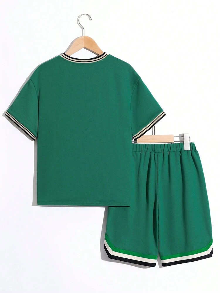 Tween Boys' Casual Holiday Style Letter Printed Round Neck Pullover With Woven Band Shorts Knitted 2pcs/Set