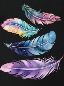 INAWLY Áo thun hở vai họa tiết lông vũ cỡ lớn cho nữ - màu đen - Xem 4