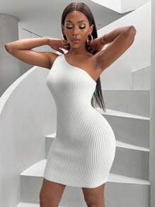 Zolique Women's Solid Color Asymmetric Collar Sweater Dress - White - View 5