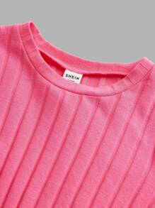 SHEIN Tween Girl Knitted Ribbed Solid Round Neck Casual T-Shirt 3pcs/Pack - Watermelon Pink - View 11