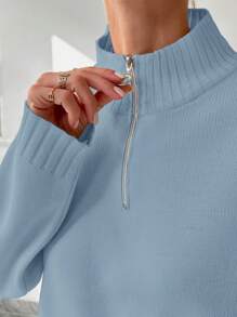 EURMUSE Women's Half-Zip Pullover Sweater And Knitted Pants Set With Zip Fly - Baby Blue - View 6