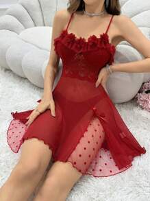 Snug Zone Camisón de vestido de pijama con parches de malla y encaje con adorno de encaje - Rojo - Ver 1