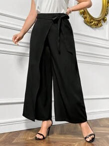 SHEIN Privé Solid Color Front Wrap Tie-Waist Wide Leg Pants, Mountain Inspired - Black - View 6