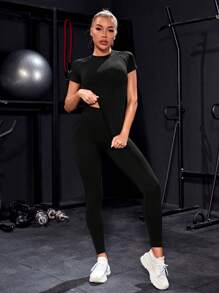 Gameset SHEIN Sport Round Neck Raglan Short Sleeve T-Shirt And Leggings Sports Activewear Set Workout Set Workout Women Set Women Leggings Set - Black - View 6