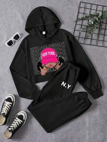 Teen Girls' Casual Letter & Cartoon Print Long Sleeve Hoodie And Sweatpants Set, Suitable For Autumn And Winter - Black - View 1