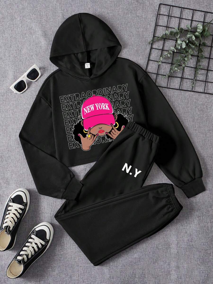 Teen Girls' Casual Letter & Cartoon Print Long Sleeve Hoodie And Sweatpants Set, Suitable For Autumn And Winter - Black - View 1